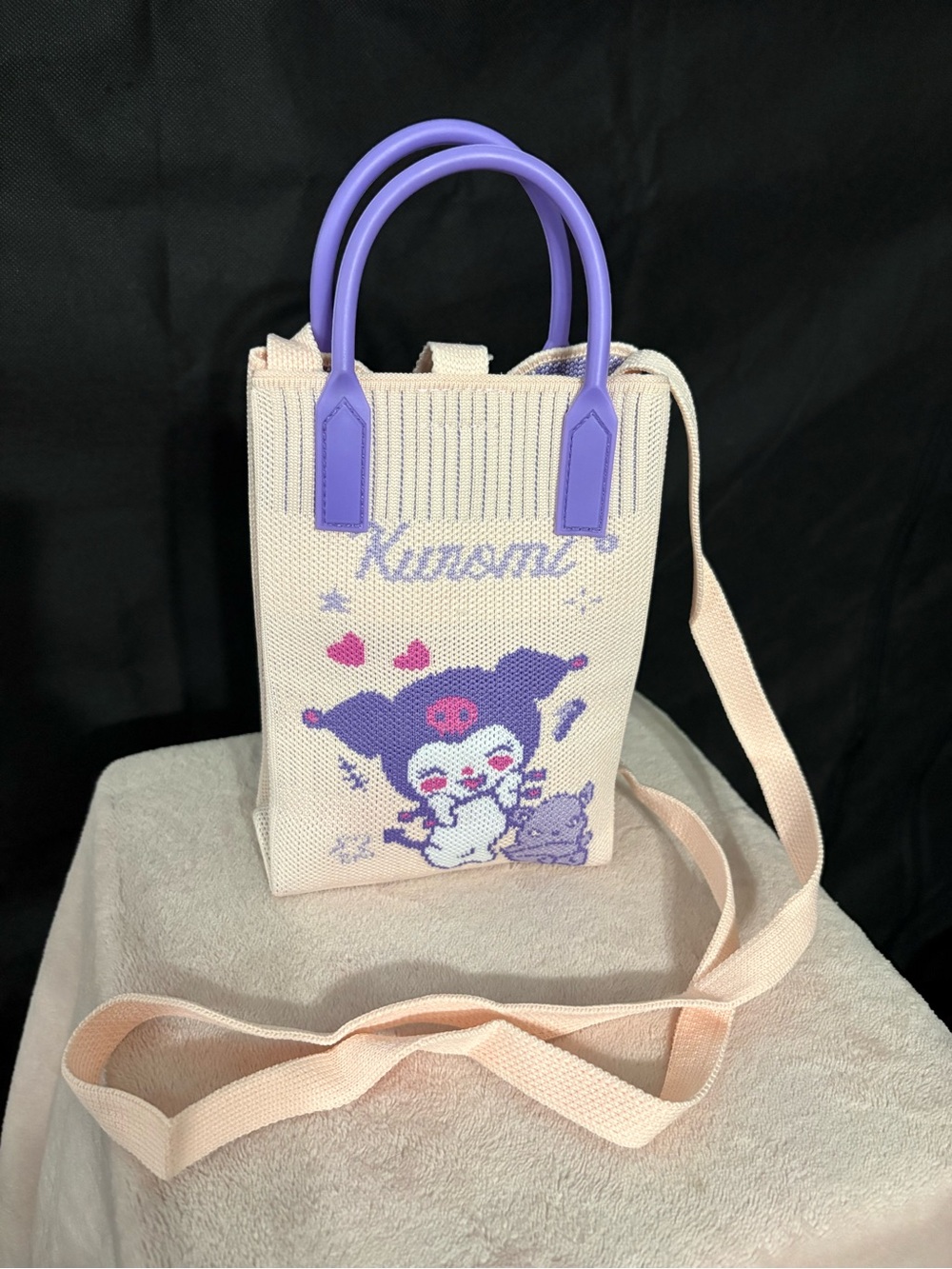 Purple & Cream Knit Mini Crossbody Bag with Kuromi character